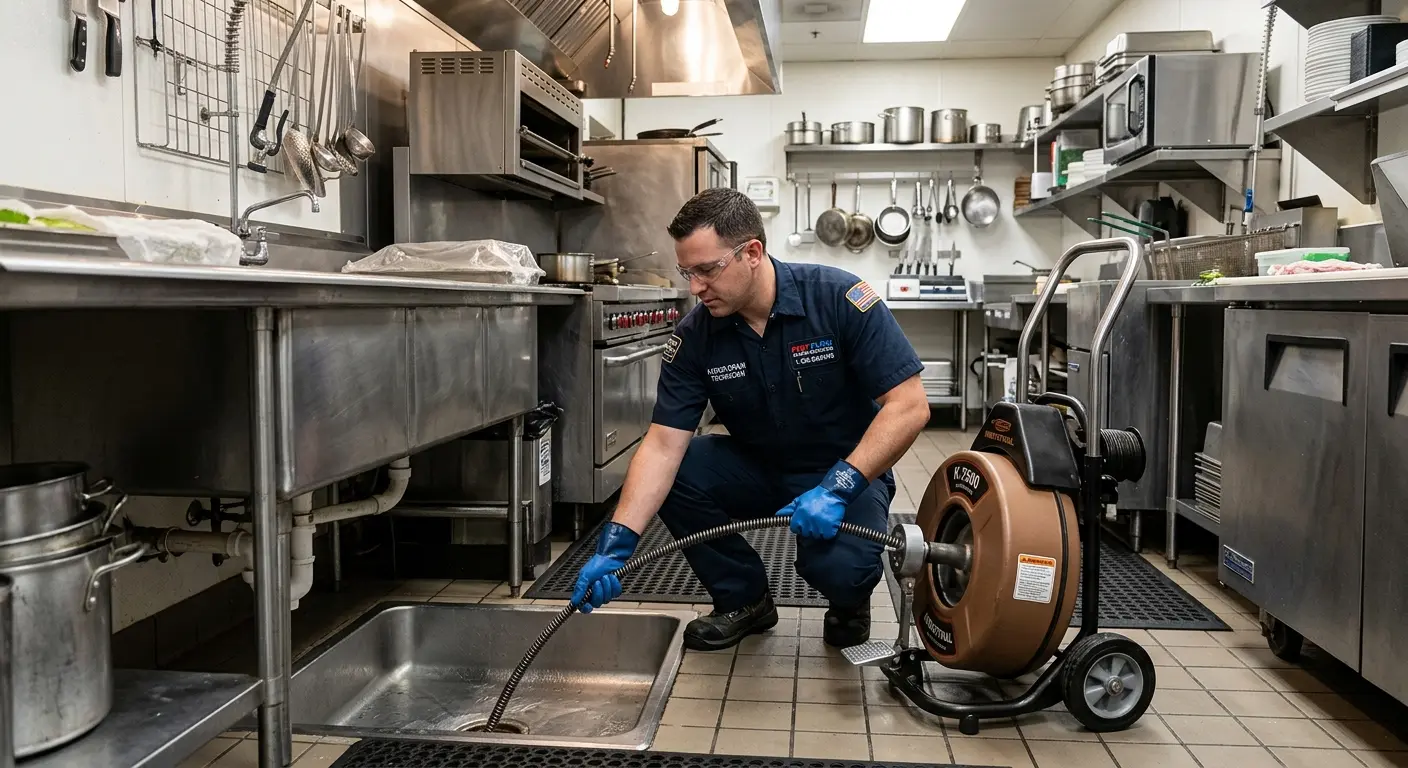 Commercial drain cleaning service in a restaurant kitchen in Wolf Trap