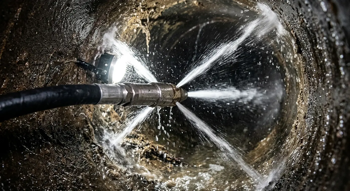High-pressure hydro jetting nozzle cleaning sewer pipe for Sewer Cleanout in Wolf Trap