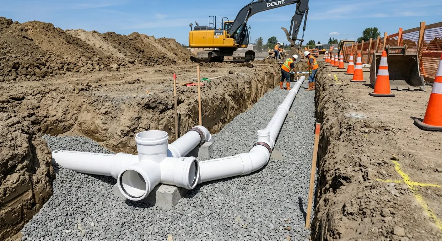New PVC sewer pipe installation in open trench for Commercial Drain Cleaning in Wolf Trap