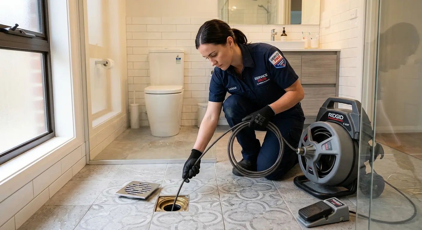 Technician clearing a bathroom floor drain for Clogged Drain Repair in Wolf Trap